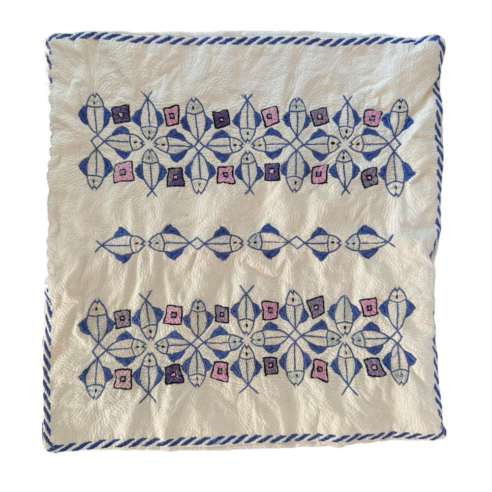 Vintage‎ Cross Stitch Embroidered Fish Pillow Case Square 15X15" Handmade Beach